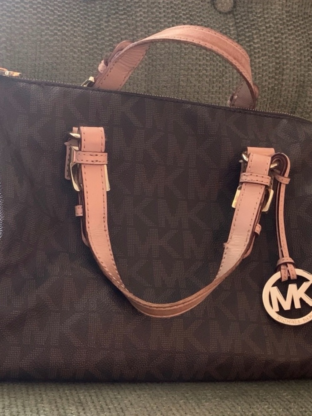 Michael Kors Brown Logo Satchel with Pink Handles Gold HW
